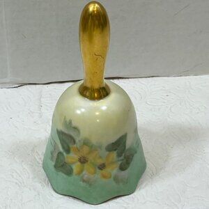 VTG Floral Porcelain Signed Hand Bell Gold Handle Decorative 2.75"x5.25"